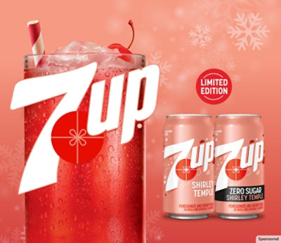 Cans of new, limited edition 7UP Shirley Temple, also available in zero sugar.