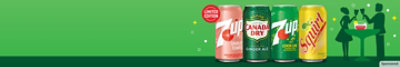 Cans of new, limited edition 7UP Shirley Temple, Canada Dry, 7UP, and Squirt soda.