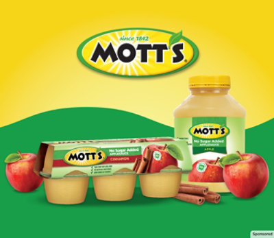 Mott’s® applesauce cups and no-sugar cinnamon pouch on green-yellow background.