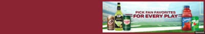 Cans of 7UP, Canada Dry and A&W Root Beer with Clamato and Mr & Mrs T's on a football field.