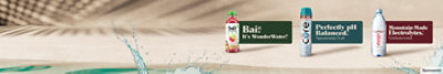 Bottles of Bai, pH balanced Core Hydration and evian with a tropical background.