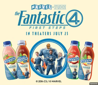 Four Snapple tea bottles on background with Fantastic Four characters next to the bottles.