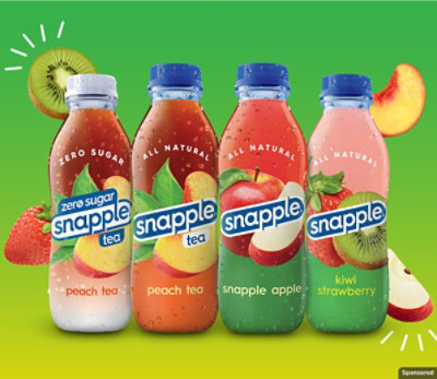 A lineup of four Snapple tea and juice bottles.