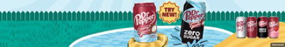 Cans of new Dr Pepper® Creamy Coconut and Zero Sugar Dr Pepper® Creamy Coconut on pool rafts.