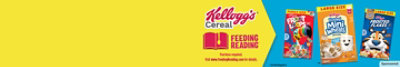 Kellogg's cereal products next to Feeding Reading logo on blue and yellow background.