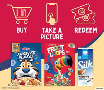 Kellogg's Frosted Flakes box, Kellogg's Froot Loops box and a Silk almond milk carton. 