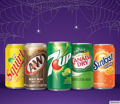 Mini cans of 7UP, Canada Dry, A&W, Squirt, and Sunkist sodas with a Halloween spiderweb background.