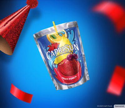 A Capri Sun drink pouch is floating on a gradient blue background with confetti and party accessories falling.