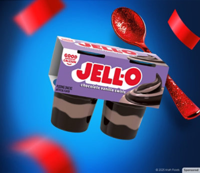 A Jell-o pudding pack is floating with on a gradient blue background with red spoon confetti and party accessories falling.