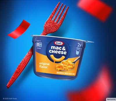 A Kraft mac & cheese cup is floating with on a gradient blue background with red spork confetti and party items falling.
