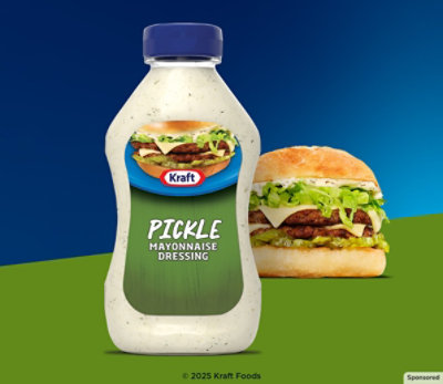 Kraft Pickle Mayo bottle with a burger on blue and green background.
