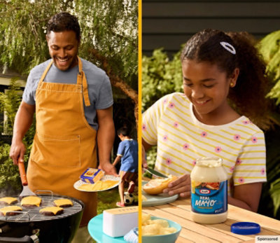 Image of Kraft Singles on top of cheeseburgers and Kraft Mayo being spread onto the bun. 