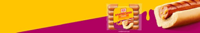 Three packs of Oscar Mayer Stuffed Dogs with a cheesy stuffed dog on a purple and yellow background.
