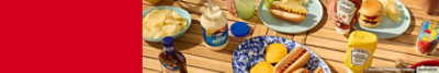 A spread of hot dogs and cheeseburgers with grilling products.