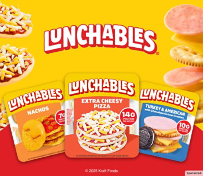 Image of three Lunchables pack images against a yellow background