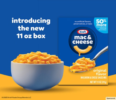 Bowl with mac and cheese on blue and yellow with a pack image. New 11 oz box, 50% more.