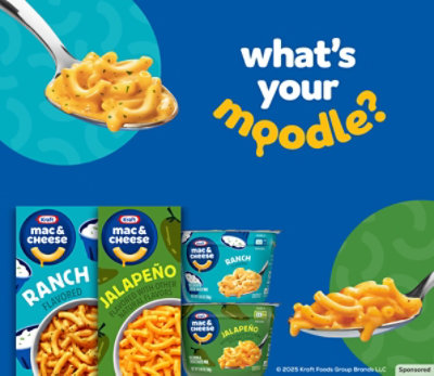 What's your moodle? Pack shots of Ranch and Jalapeño Kraft Mac & Cheese with bowls of noodles.