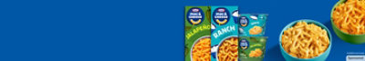 Kraft mac and cheese Ranch and Jalapeno flavors with bowls of mac and cheese on blue background.