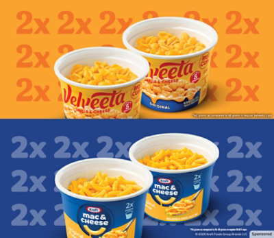 Images of Velveeta and Kraft cups on an orange-and-blue background with a repeating pattern of "2x."