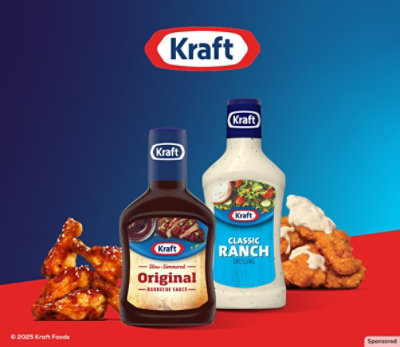Kraft BBQ and Kraft Ranch, with BBQ wings and chicken tenders, on red table with navy background.