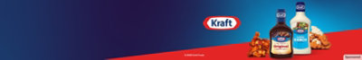 Kraft BBQ and Kraft Ranch, with BBQ wings and chicken tenders, on red table with navy background.