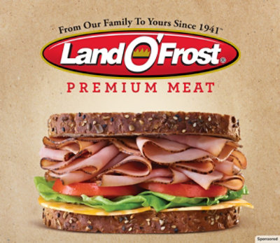 An ad promo of Land O'Frost featuring stacked sandwich with lunch meat.