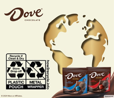 DOVE candy How to Recycle if clean and dry plastic pouch via store drop-off. 2024 Mars or Affiliates.