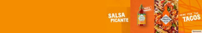 Bottle of Salsa Picante, an image of shrimp tacos and text Light Things Up on an orange background.