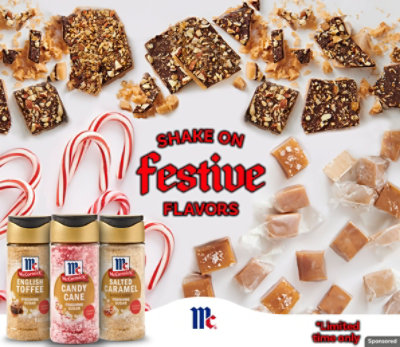 McCormick English Toffee, Candy Cane and Salted Caramel Finishing Sugars on a holiday background.