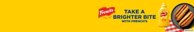 The words, "Take a brighter bite with French's" next to a mustard bottle and hotdog on yellow background