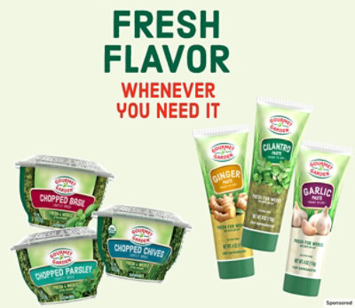 Fresh flavor Gourmet Garden products with a green background.