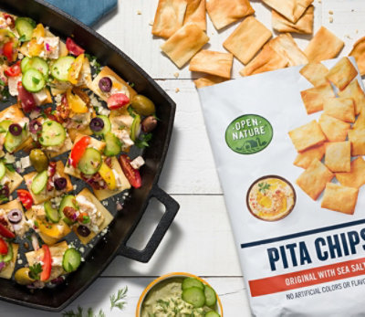 Mediterranean pita chip nachos made with Open Nature pita chips