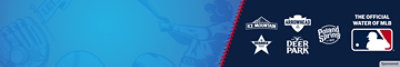 An MLB promo banner with logos of Ice Mountain, Ozarka, Arrowhead, Deer Park and Poland Spring.