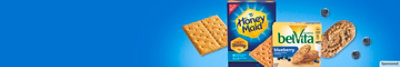 HONEY MAID Graham Cracker and belVita Breakfast Biscuit packages with out of package and blueberries