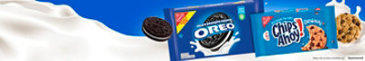 More info at www.cocoa.org. Packages of OREO and CHIPS AHOY Cookies with two out of pack with milk in the background