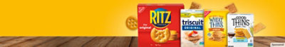 RITZ, TRISCUIT, WHEAT THINS and GOOD THINS packages with crackers on a yellow background. 