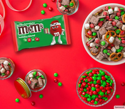 M&M'S® Holiday Blend Milk Chocolate bag with festive imagery. M&M'S® logos.