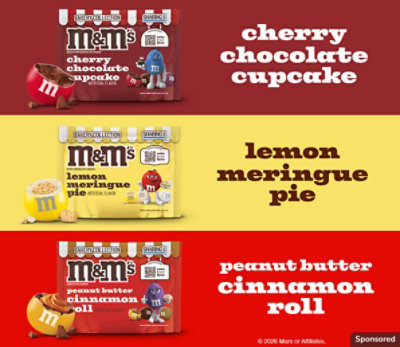 M&M'S® LTO flavors, cherry chocolate cupcake, lemon merinque pie, and peanut butter cinnamon roll.