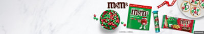 M&M'S® logo. Sweet Holiday Cheer. Holiday cookies and festive bowl of M&M'S® imagery.