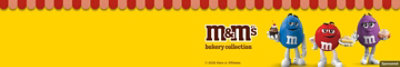 M&M'S® characters holding bakery desserts, shop awning border. M&M'S® Bakery Collection logo.