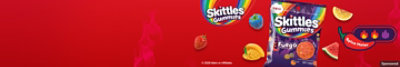 SKITTLES® candy imagery with floating fruit lentils and spice meter. Try sweet, spicy, SKITTLES®.