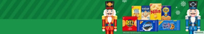 A selection of NABISCO snacks on a green, holiday-themed background.