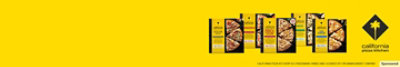 Variety of California Pizza Kitchen pizza options on a yellow background.