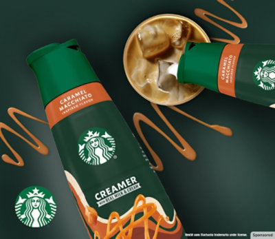 Starbucks creamer on a green background with a caramel squiggle.