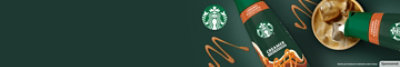 Starbucks creamer on a green background with a caramel squiggle.