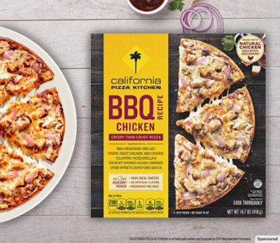 Box of California Pizza Kitchen BBQ Recipe Chicken Pizza next to pizza slices. 