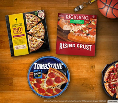 CPK, DiGiorno and TombStone pizza boxes on a basketball court background. 