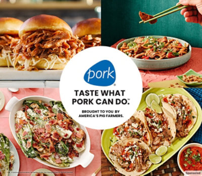 Mealtime inspiration: pork tacos, pulled pork sandwich, bacon topped salad and pork with noodles