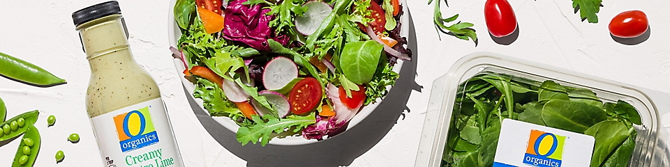 Salad made with O Organics vegetables and salad dressing.