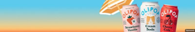 Three cans of Olipop on a sunset background with a beach umbrella. 